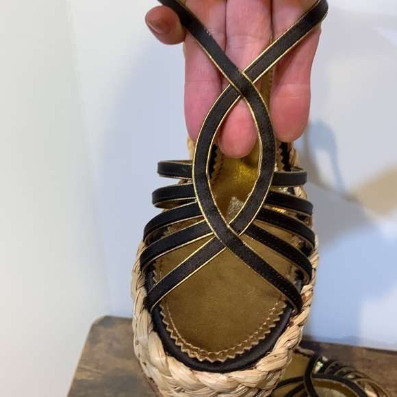 YSL platform wedge sandal black braided straw metallic gold - Picture 12 of 15